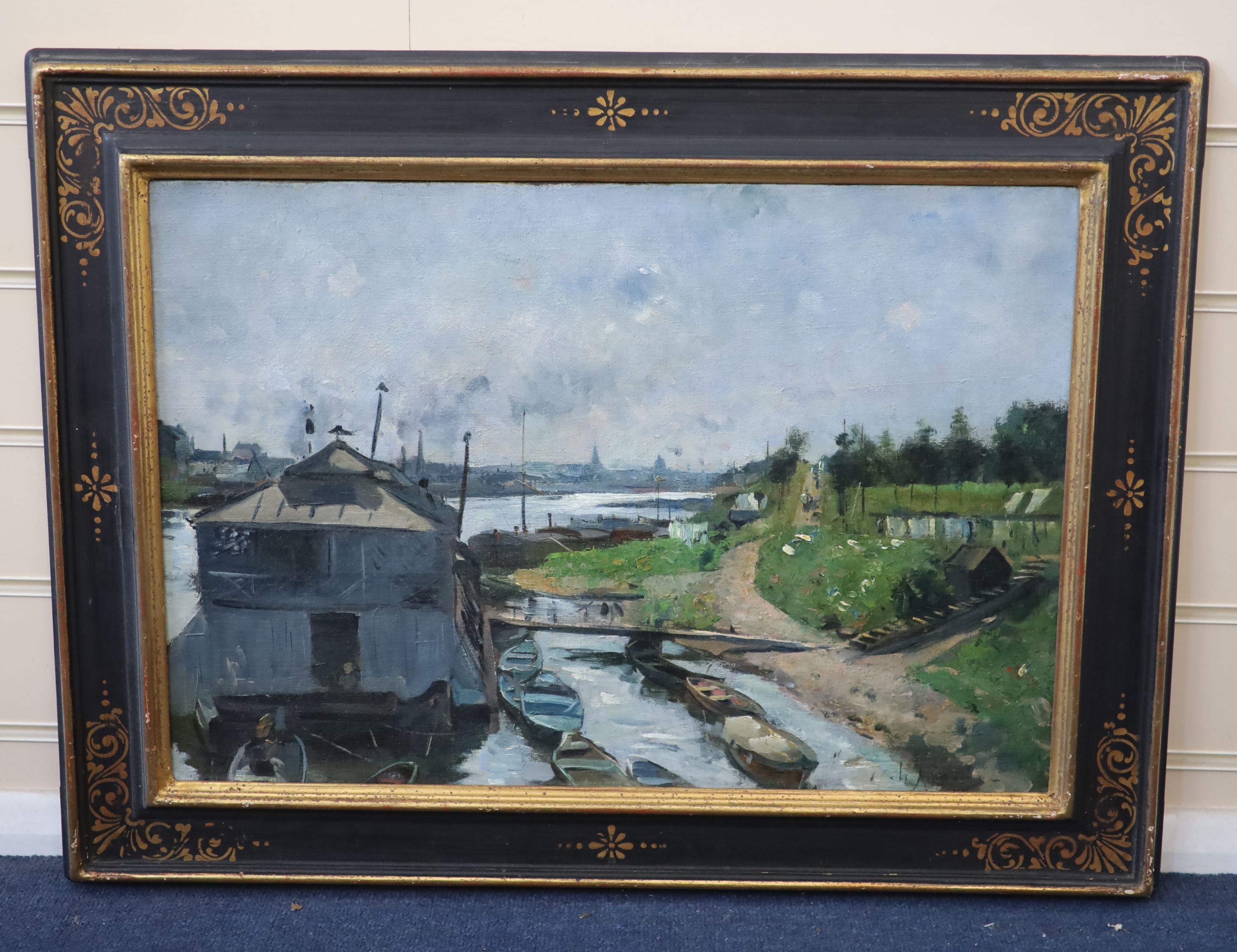 French School c.1890, Houseboats on a French river, possibly Argenteuil., Oil on canvas, 38 x 54cm.